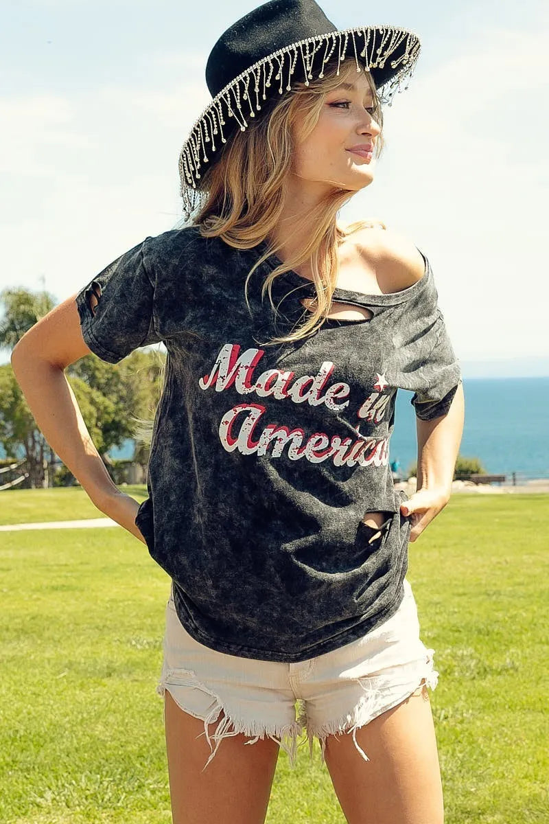 BiBi Laser Cut Mineral Washed America Print Top - Love Salve